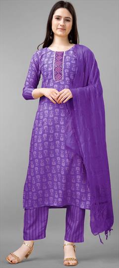 Festive, Party Wear Purple and Violet color Salwar Kameez in Rayon fabric with Straight Embroidered, Printed, Sequence, Thread work : 1929789