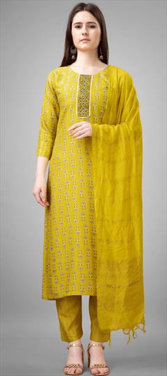 Festive, Party Wear Yellow color Salwar Kameez in Rayon fabric with Straight Embroidered, Printed, Sequence, Thread work : 1929790