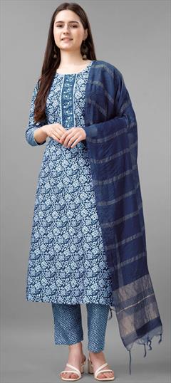 Festive, Party Wear Blue color Salwar Kameez in Rayon fabric with Straight Embroidered, Printed, Sequence, Thread work : 1929793