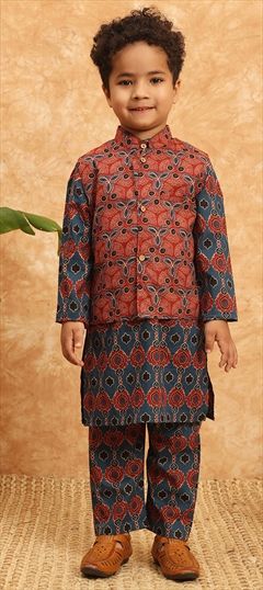 Festive, Summer Blue color Boys Kurta Pyjama with Jacket in Cotton fabric with Printed work : 1929805