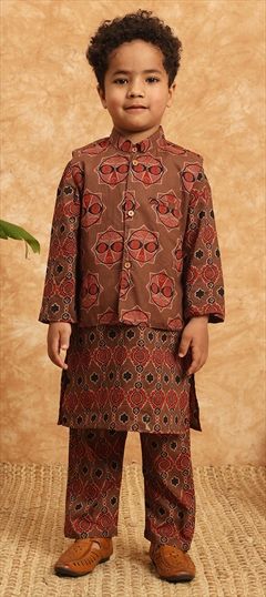 Festive, Summer Beige and Brown color Boys Kurta Pyjama with Jacket in Cotton fabric with Printed work : 1929813