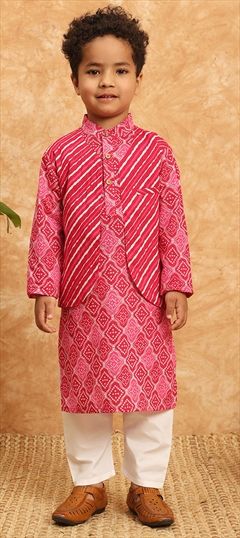 Festive, Summer Pink and Majenta color Boys Kurta Pyjama with Jacket in Cotton fabric with Bandhej, Printed work : 1929828