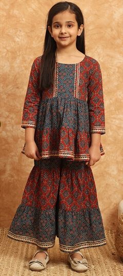 Festive, Summer Blue, Red and Maroon color Girls Top with Bottom in Cotton fabric with Gota Patti, Printed work : 1929882