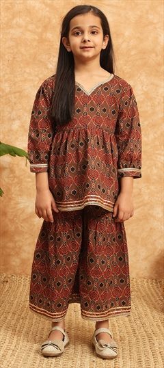 Festive, Summer Beige and Brown color Girls Top with Bottom in Cotton fabric with Gota Patti, Printed work : 1929883