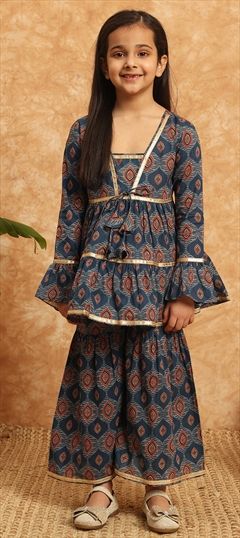 Festive, Summer Blue color Girls Top with Bottom in Cotton fabric with Gota Patti, Printed, Sequence work : 1929884