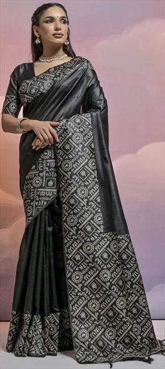 Casual, Traditional Black and Grey color Saree in Handloom fabric with Bengali Printed work : 1930108