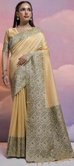 Casual, Traditional Beige and Brown color Saree in Handloom fabric with Bengali Printed work : 1930109
