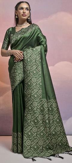 Casual, Traditional Green color Saree in Handloom fabric with Bengali Printed work : 1930111