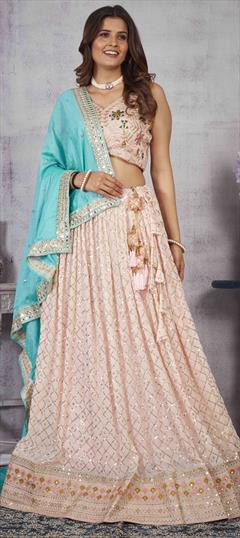 Designer, Reception, Wedding Pink and Majenta color Ready to Wear Lehenga in Faux Georgette fabric with Flared Embroidered, Sequence, Zari work : 1930173