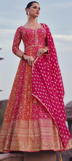Reception, Wedding Pink and Majenta color Gown in Georgette fabric with Embroidered, Resham, Sequence, Thread work : 1930198