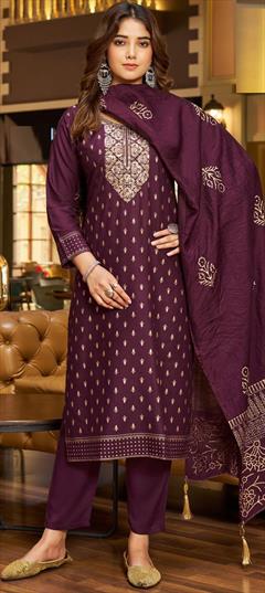 Festive, Party Wear, Reception Purple and Violet color Salwar Kameez in Rayon fabric with Straight Embroidered, Thread work : 1930210