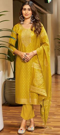 Festive, Party Wear, Reception Yellow color Salwar Kameez in Rayon fabric with Straight Embroidered, Thread work : 1930211