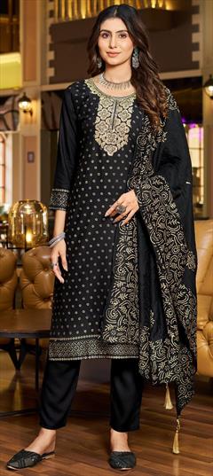 Festive, Party Wear, Reception Black and Grey color Salwar Kameez in Rayon fabric with Straight Embroidered, Thread work : 1930212