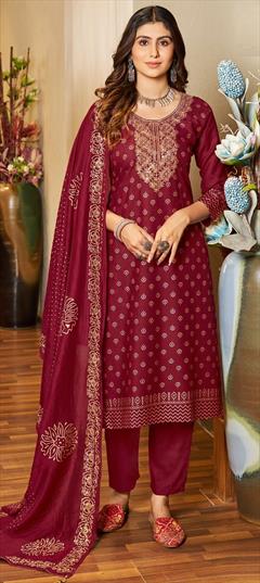 Festive, Party Wear, Reception Red and Maroon color Salwar Kameez in Rayon fabric with Straight Embroidered, Thread work : 1930213