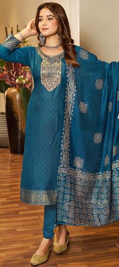 Festive, Party Wear, Reception Blue color Salwar Kameez in Rayon fabric with Straight Embroidered, Thread work : 1930214