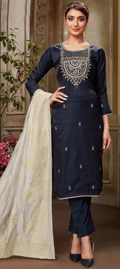 Engagement, Reception, Wedding Blue color Salwar Kameez in Silk fabric with Straight Embroidered, Resham, Thread, Zari work : 1930228