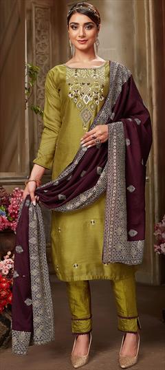 Engagement, Reception, Wedding Green color Salwar Kameez in Silk fabric with Straight Embroidered, Resham, Thread, Zari work : 1930229