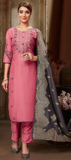 Engagement, Reception, Wedding Pink and Majenta color Salwar Kameez in Silk fabric with Straight Embroidered, Resham, Thread, Zari work : 1930234