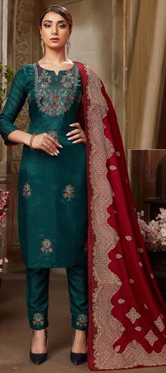 Engagement, Reception, Wedding Green color Salwar Kameez in Silk fabric with Straight Embroidered, Resham, Thread, Zari work : 1930235