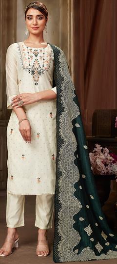 Engagement, Reception, Wedding White and Off White color Salwar Kameez in Silk fabric with Straight Embroidered, Resham, Thread, Zari work : 1930236