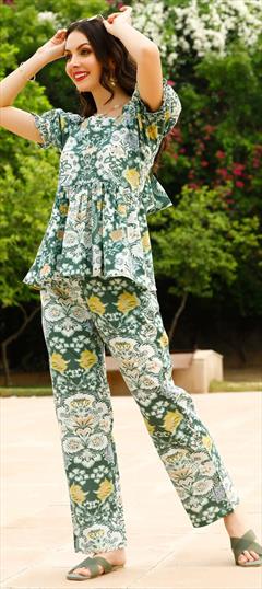 Casual, Summer Green color Co-ords Set in Blended Cotton fabric with Printed work : 1930352