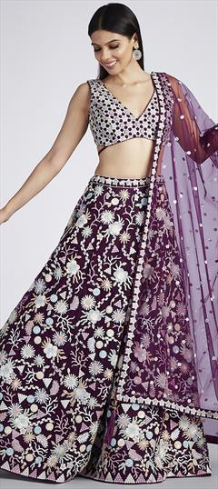 Reception, Wedding Purple and Violet color Lehenga in Net fabric with Flared Sequence, Thread work : 1930375