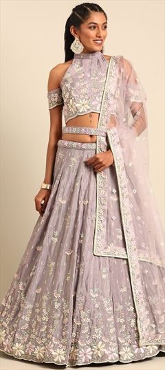 Reception, Wedding Purple and Violet color Lehenga in Net fabric with Flared Mukesh work : 1930376