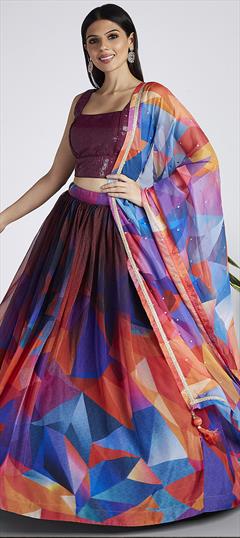 Reception, Wedding Multicolor color Lehenga in Organza Silk fabric with Flared Block Print work : 1930377