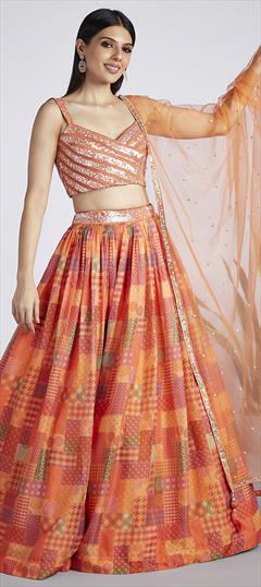 Reception, Wedding Orange color Lehenga in Organza Silk fabric with Flared Sequence work : 1930378