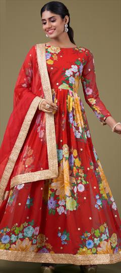 Mehendi Sangeet, Reception, Wedding Red and Maroon color Salwar Kameez in Faux Georgette fabric with Anarkali Digital Print, Floral, Sequence, Zari work : 1930530