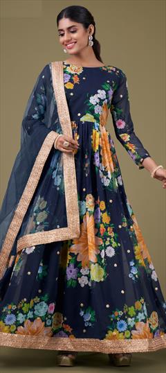 Mehendi Sangeet, Reception, Wedding Blue color Salwar Kameez in Faux Georgette fabric with Anarkali Digital Print, Floral, Sequence, Zari work : 1930531