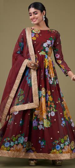 Mehendi Sangeet, Reception, Wedding Red and Maroon color Salwar Kameez in Faux Georgette fabric with Anarkali Digital Print, Floral, Sequence, Zari work : 1930532