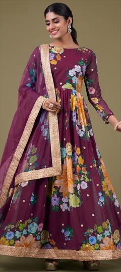 Mehendi Sangeet, Reception, Wedding Purple and Violet color Salwar Kameez in Faux Georgette fabric with Anarkali Digital Print, Floral, Sequence, Zari work : 1930533