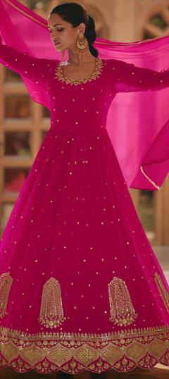 Reception, Wedding Pink and Majenta color Gown in Georgette fabric with Embroidered, Mirror, Sequence, Thread work : 1930554
