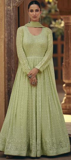 Reception, Wedding Green color Gown in Georgette fabric with Embroidered, Mirror, Sequence, Thread work : 1930555