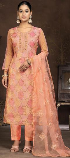 Festive, Party Wear Orange color Salwar Kameez in Organza Silk fabric with Straight Embroidered, Sequence, Thread work : 1930557