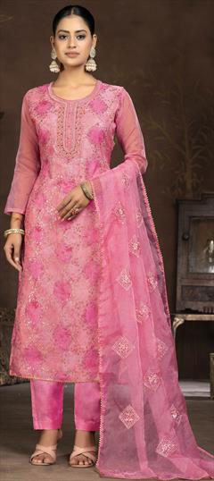 Festive, Party Wear Pink and Majenta color Salwar Kameez in Organza Silk fabric with Straight Embroidered, Sequence, Thread work : 1930558