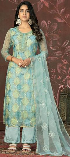 Festive, Party Wear Blue color Salwar Kameez in Organza Silk fabric with Straight Embroidered, Sequence, Thread work : 1930560