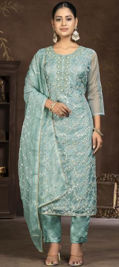 Festive, Party Wear Blue color Salwar Kameez in Organza Silk fabric with Straight Embroidered, Sequence, Thread work : 1930561