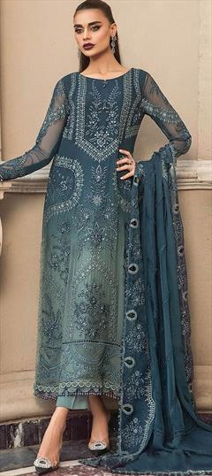 Festive, Party Wear Blue color Salwar Kameez in Organza Silk fabric with Pakistani, Straight Embroidered, Sequence, Thread work : 1930584