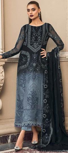 Festive, Party Wear Black and Grey color Salwar Kameez in Organza Silk fabric with Pakistani, Straight Embroidered, Sequence, Thread work : 1930586