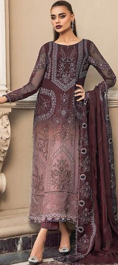 Festive, Party Wear Beige and Brown color Salwar Kameez in Organza Silk fabric with Pakistani, Straight Embroidered, Sequence, Thread work : 1930587