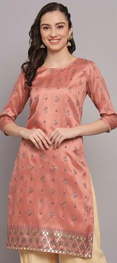 Casual Pink and Majenta color Kurti in Poly Silk fabric with Short, Straight Foil Print work : 1930594