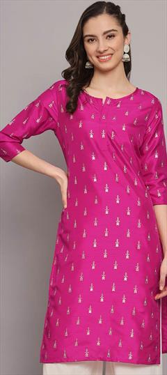 Casual Pink and Majenta color Kurti in Poly Silk fabric with Short, Straight Foil Print work : 1930595