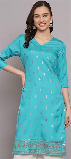 Casual Blue color Kurti in Poly Silk fabric with Straight Foil Print work : 1930597
