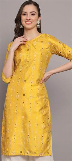 Casual Yellow color Kurti in Poly Silk fabric with Straight Foil Print work : 1930598