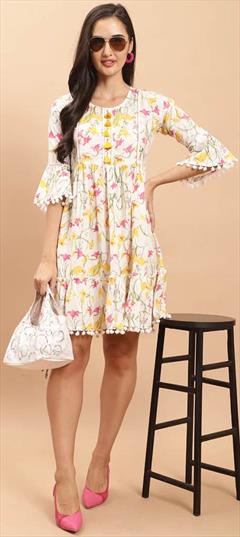 Casual, Summer White and Off White color Dress in Cotton fabric with Printed work : 1930604