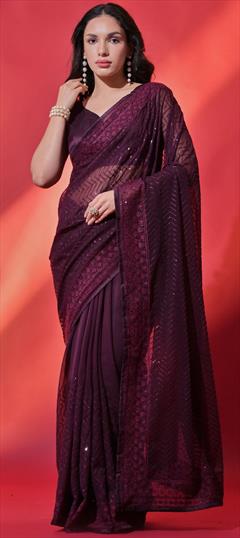 Festive, Party Wear, Reception Purple and Violet color Saree in Georgette fabric with Classic Embroidered, Sequence work : 1930701