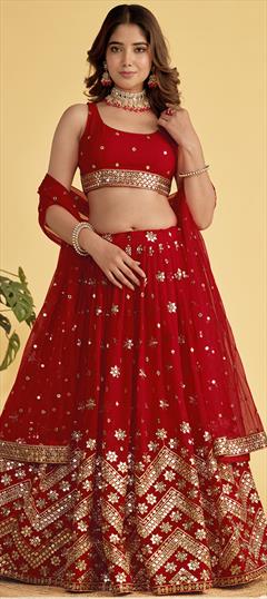 Bridal, Wedding Red and Maroon color Lehenga in Georgette fabric with Flared Embroidered, Sequence, Thread work : 1930732