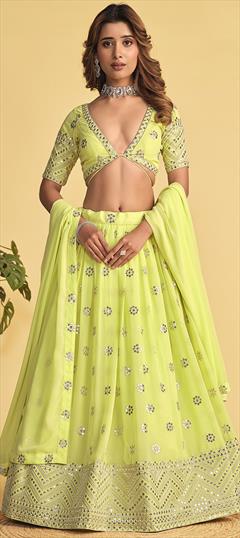 Reception, Wedding Green color Lehenga in Georgette fabric with Flared Embroidered, Sequence, Thread work : 1930733